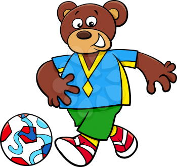 Cartoon Illustrations of Bear Football or Soccer Player Character with Ball