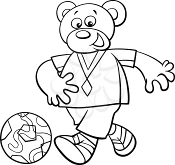 Black and White Cartoon Illustrations of Bear Football or Soccer Player Character with Ball Coloring Book