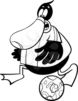 Black and White Cartoon Illustrations of Duck Football or Soccer Player Character with Ball Coloring Book
