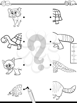 Black and White Cartoon Illustration of Educational Game of Matching Halves of Pictures with Funny Animals Color Book