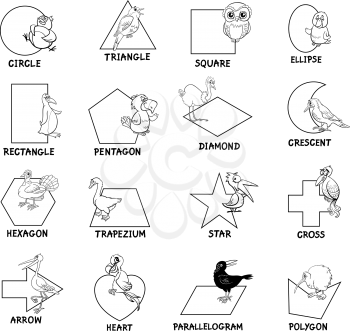 Black and White Educational Cartoon Illustration of Basic Geometric Shapes with Captions and Birds Animal Characters for Children