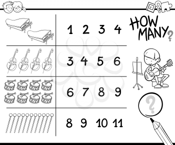 Black and White Cartoon Illustration of Educational How Many Counting Activity for Children with Musical Instruments Coloring Book