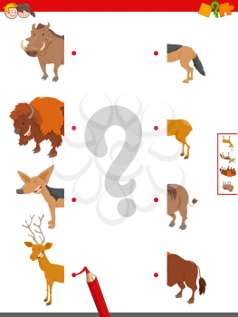 Cartoon Illustration of Educational Game of Matching Halves of Animals
