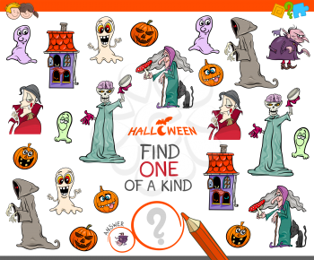 Cartoon Illustration of Find One of a Kind Picture Educational Activity Game for Children with Halloween Theme Characters