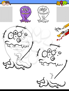 Cartoon Illustration of Drawing and Coloring Educational Activity for Children with Monster Character