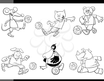 Black and White Cartoon Illustrations of Animal Football or Soccer Player Characters with Balls Coloring Page