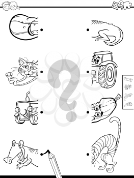 Black and White Cartoon Illustration of Educational Game of Matching Halves of Pictures Coloring Book