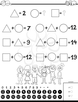 Black and White Cartoon Illustration of Educational Mathematical Calculation with Unknown Puzzle Game for Children Coloring Book