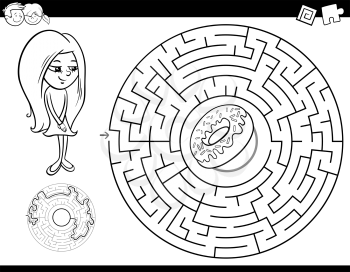 Black and White Cartoon Illustration of Education Maze or Labyrinth Activity Game for Children with Girl and Doughnut Coloring Book