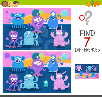 Cartoon Illustration of Finding Seven Differences Between Pictures Educational Game for Children with Cute Monster Characters