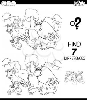 Black and White Cartoon Illustration of Finding Seven Differences Between Pictures Educational Game for Children with Farm Animal Characters Coloring Book