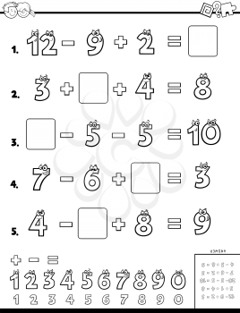 Black and White Cartoon Illustration of Educational Mathematical Calculation Worksheet for Children Coloring Book