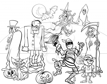 Black and White Cartoon Illustration of Halloween Holiday Monsters and Creatures Group Coloring Book