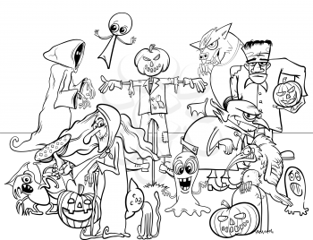 Black and White Cartoon Illustration of Halloween Holiday Spooky Characters Group Coloring Book