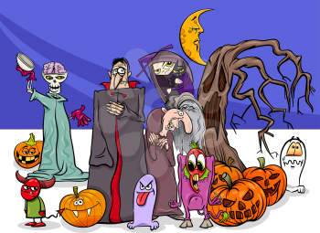 Cartoon Illustration of Halloween Holiday Scary Characters Group