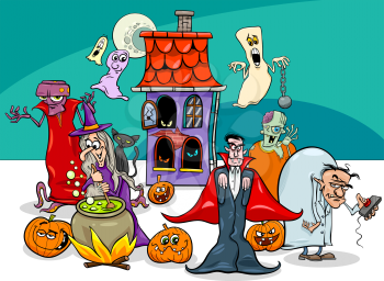 Cartoon Illustration of Halloween Holiday Funny Characters Group
