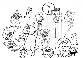 Black and White Cartoon Illustration of Halloween Holiday Monster Characters Group Coloring Book