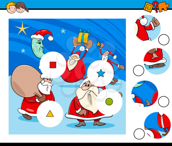 Cartoon Illustration of Educational Match the Pieces Jigsaw Puzzle Game for Children with Santa Claus Christmas Characters