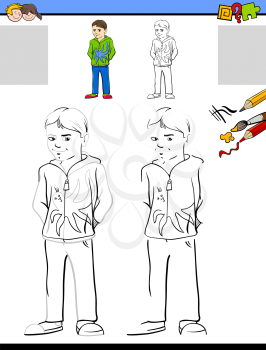 Cartoon Illustration of Drawing and Coloring Educational Activity for Children with Boy Character