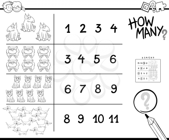 Black and White Cartoon Illustration of Educational How Many Counting Activity for Children with Dogs Animal Characters Coloring Book
