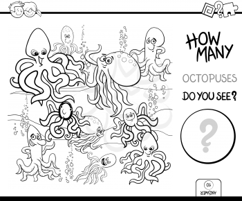 Black and White Cartoon Illustration of Educational Counting Activity Game for Children with Octopus Animal Characters Coloring Book