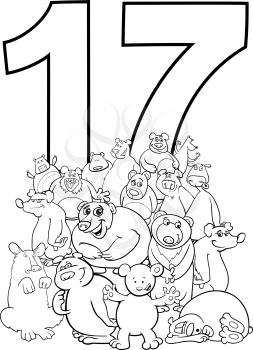 Black and White Cartoon Illustration of Number Seventeen and Bear Characters Group Coloring Book
