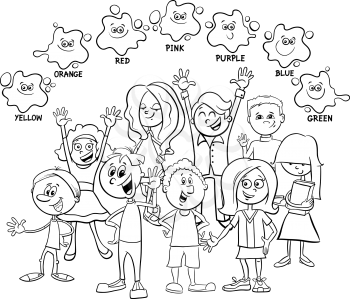 Black and White Cartoon Illustration of Basic Colors Educational Page for Kids with Children Characters Coloring Book