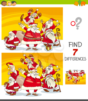 Cartoon Illustration of Finding Seven Differences Between Pictures Educational Game for Children with Christmas Characters Group