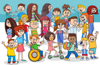 Cartoon Illustration of Elementary Age Children and Teenager Characters Group