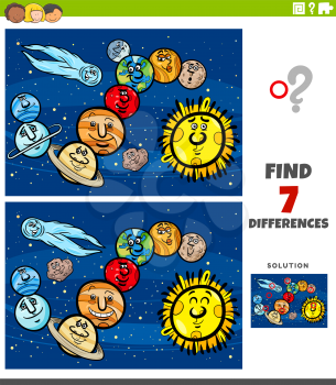 Cartoon Illustration of Finding Differences Between Pictures Educational Game for Children with Comic Planets and Space Orb Characters