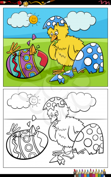 Cartoon illustration of Easter chick hatching from colored egg coloring book page