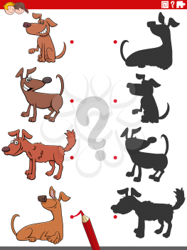 Cartoon Illustration of Match the Right Shadows with Pictures Educational Game for Children with Comic Dogs and Puppies Animal Characters