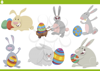 Cartoon Illustration of Funny Easter Bunnies Characters Set on Spring Easter Holiday Time with Colored Eggs