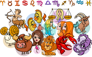Cartoon Illustration of All Horoscope Zodiac Signs Collection