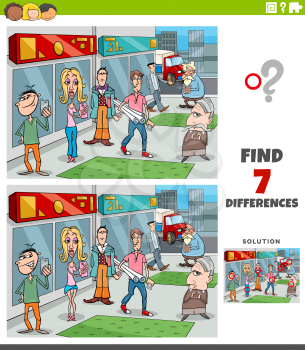 Cartoon Illustration of Finding Differences Between Pictures Educational Task for Children with People Characters Group in the City