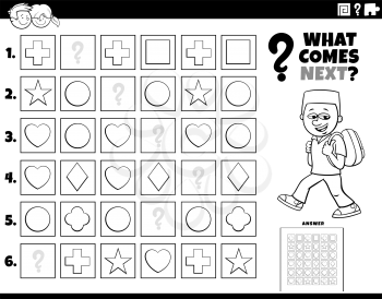 Black and White Cartoon Illustration of Completing the Pattern in the Rows Educational Task for Children Coloring Book Page