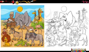 Cartoon Illustration of Wild Animal Characters Big Group Coloring Book Page