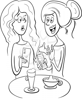 Black and White Cartoon Illustration of Two Gossiping Women in a Cafe Coloring Book Page