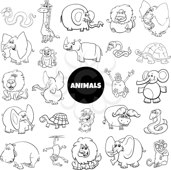 Black and White Cartoon Illustration of Wild African Animal Characters Large Set Coloring Book Page