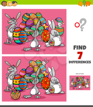 Cartoon Illustration of Finding Differences Between Pictures Educational Game for Children with Easter Bunny Characters