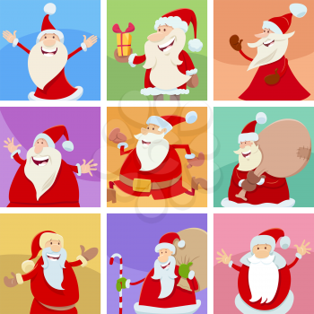 Cartoon illustration of Christmas design or greeting cards with Santa Claus characters set