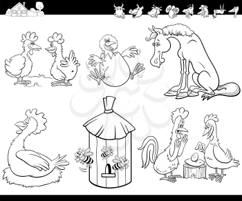 Black and white cartoon illustration of cute farm animals comic characters set coloring book page
