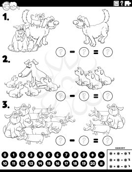 Black and white cartoon illustration of educational mathematical subtraction puzzle task for children with dog characters coloring book page