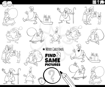 Black and white cartoon illustration of finding two same pictures educational task with Santa Claus Christmas characters coloring book page