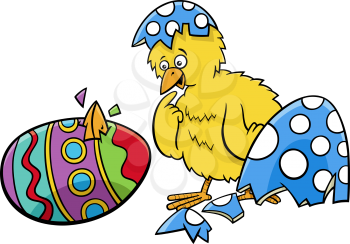 Cartoon illustration of little yellow chick hatched from Easter colored egg