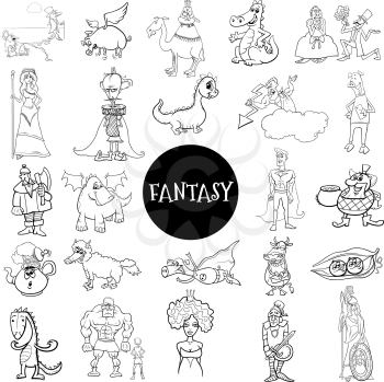 Black and White Cartoon Illustration of Fantasy or Fairy Tale Comic Characters Large Set Coloring Book Page