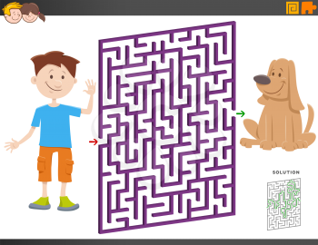 Cartoon Illustration of Educational Maze Puzzle Game for Children with Boy and Puppy Dog Animal Character