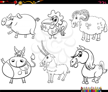Black and White Cartoon Illustration of Happy Farm Animal Characters Set Coloring Book Page