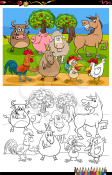 Cartoon Illustration of Funny Farm Animal Characters Group Coloring Book Page