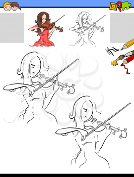 Cartoon Illustration of Drawing and Coloring Educational Activity for Children with Girl Character Playing Violin